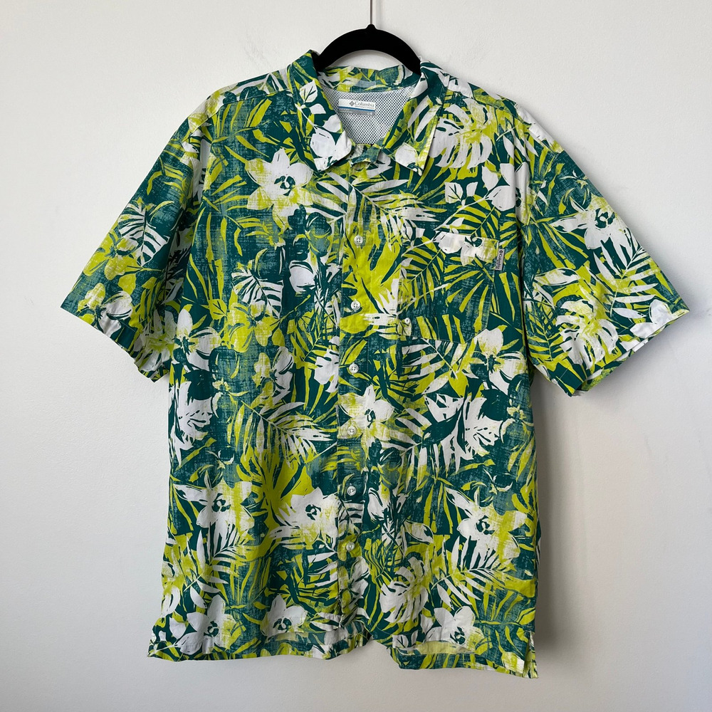 Columbia PFG Trollers Best Mens‎ Fishing Shirt Large Tropical Green Mesh Vented